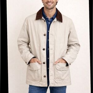 John Ashford Men's Beige Cotton-Plaid Line Button Corduroy Collar Field Coat (M)